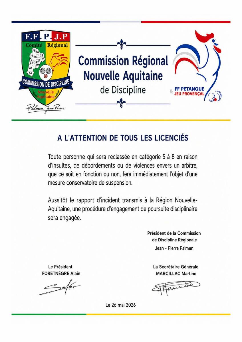Communiqué : Commission de discipline régionale Nouvelle Aquitaine